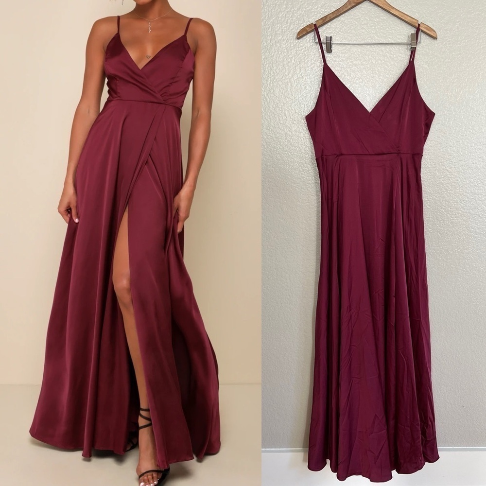 NWOT Ode To Love Burgundy Satin Maxi Dress